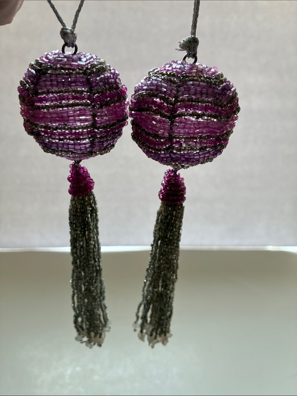 Handcrafted Christmas Victorian Purple Pink Beaded Tassel Ornaments